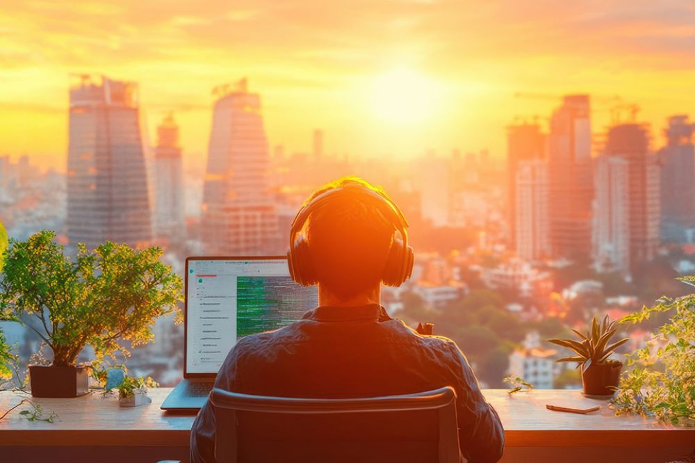 Foto: Mann mit Laptop und Skyline